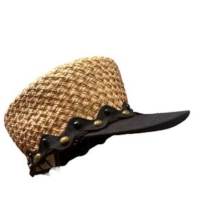 Eric Javits NWT Vintage 1990 Straw Military Cap Visor Studded Trim Statement Hat